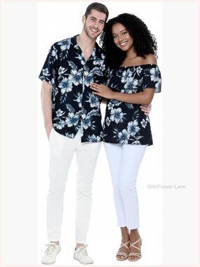 Couple Matching Hawaiian Luau Set - Off-Shoulder Ruffle Top & Aloha Shirt